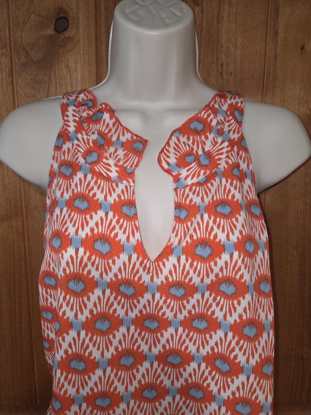 CAbi Orange and Light Blue Printed Ruffle V- Neck Tank - Picture 2 of 8